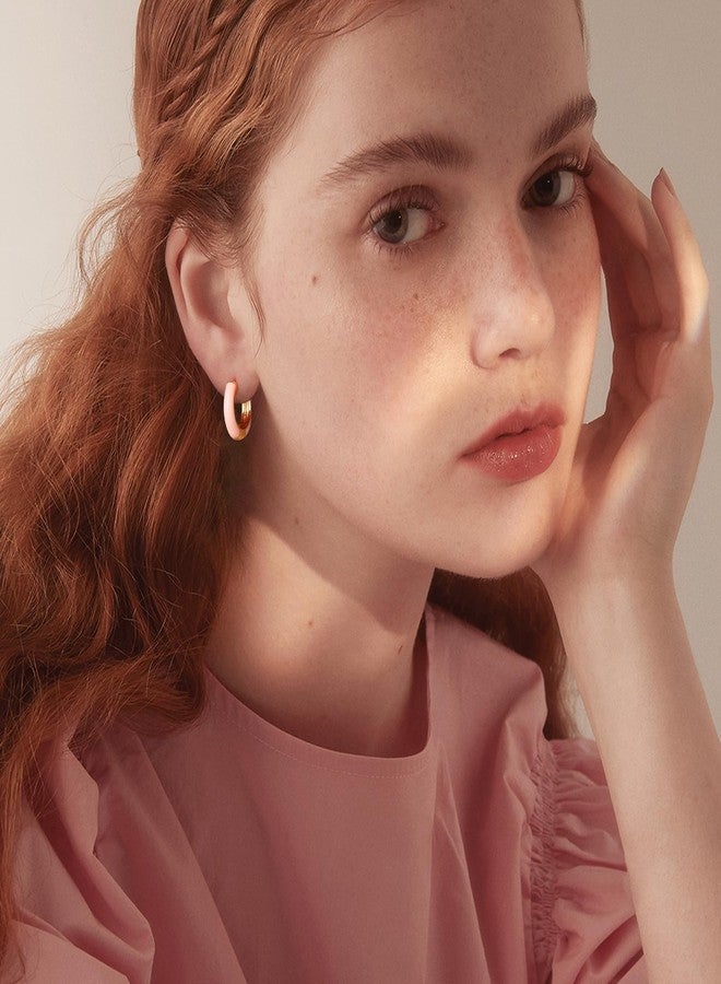 Lourny Small Hoop Earrings for Women, 18K Gold Plated Hypoallergenic Cute Enamel Huggie Earring Gifts for Women (Light Pink) - Image 3